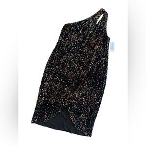 VC7 Black one shoulder sequin dress with multi-coloured sparkles and slit 2XL